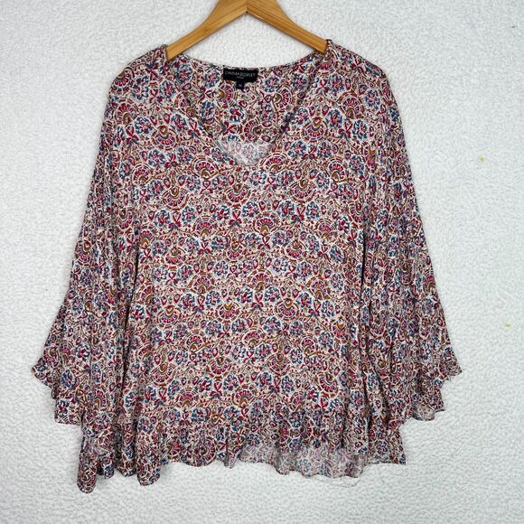 Cynthia Rowley Boho Blouse 3X Viscose Paisley Floral Bell Sleeve Ruffle Hem - Picture 1 of 14